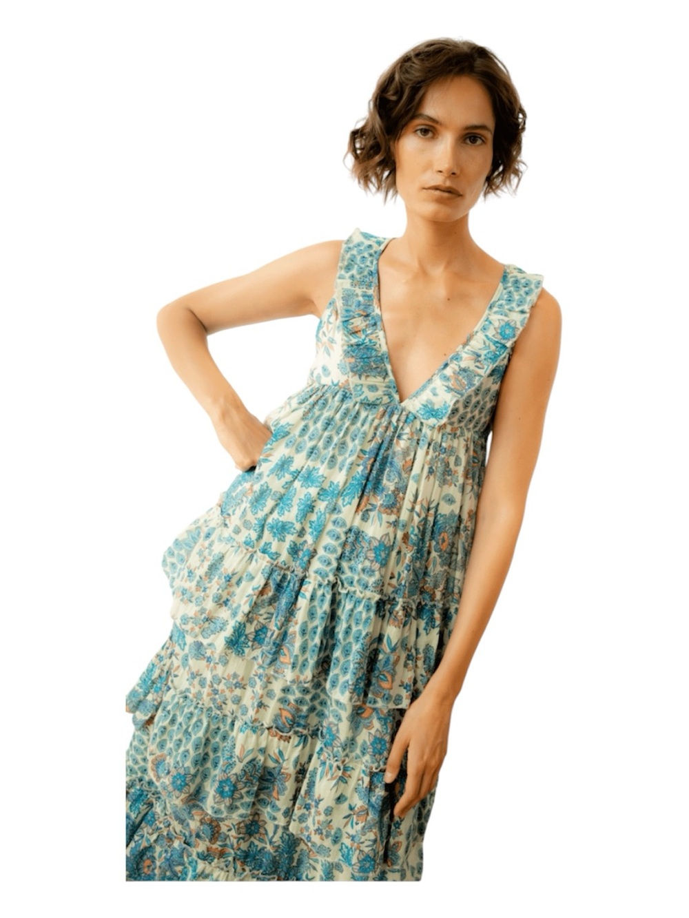 Guadalupe Kiliman Blue 100% Cotton Tiered Maxi Dress - Picture 2 of 7
